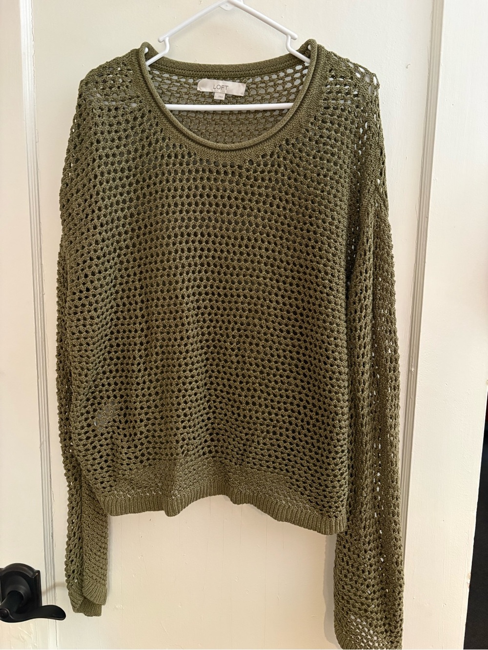 LOFT Olive Green Open-Weave Crewneck Sweater